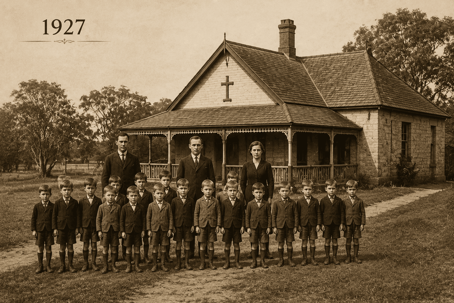 Sepia photograph from 1927 of the first pupils and three teachers outside the original school house
