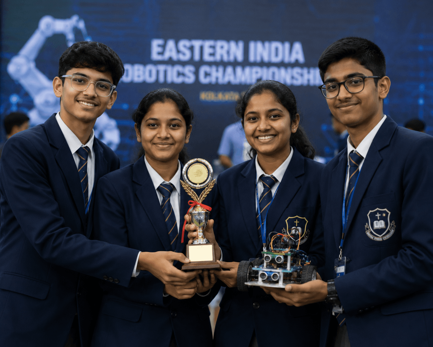 The school robotics team with their line-following robot at the Eastern India Championship