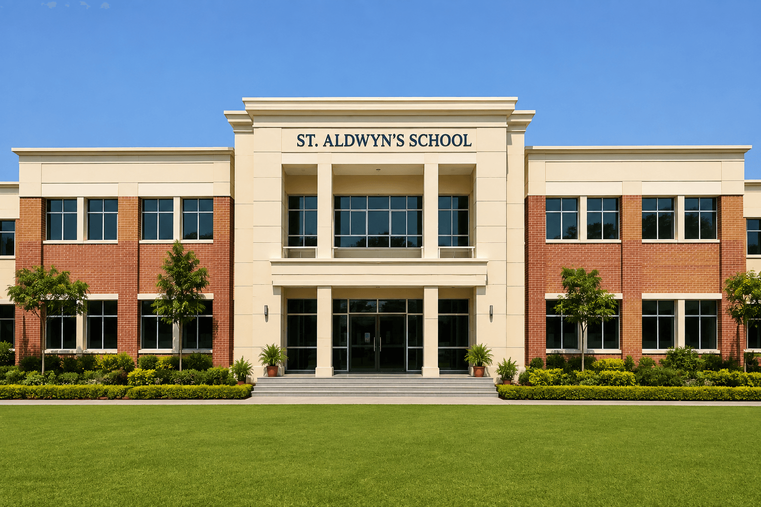 The main school building at St. Aldwyn's, seen across the front lawn